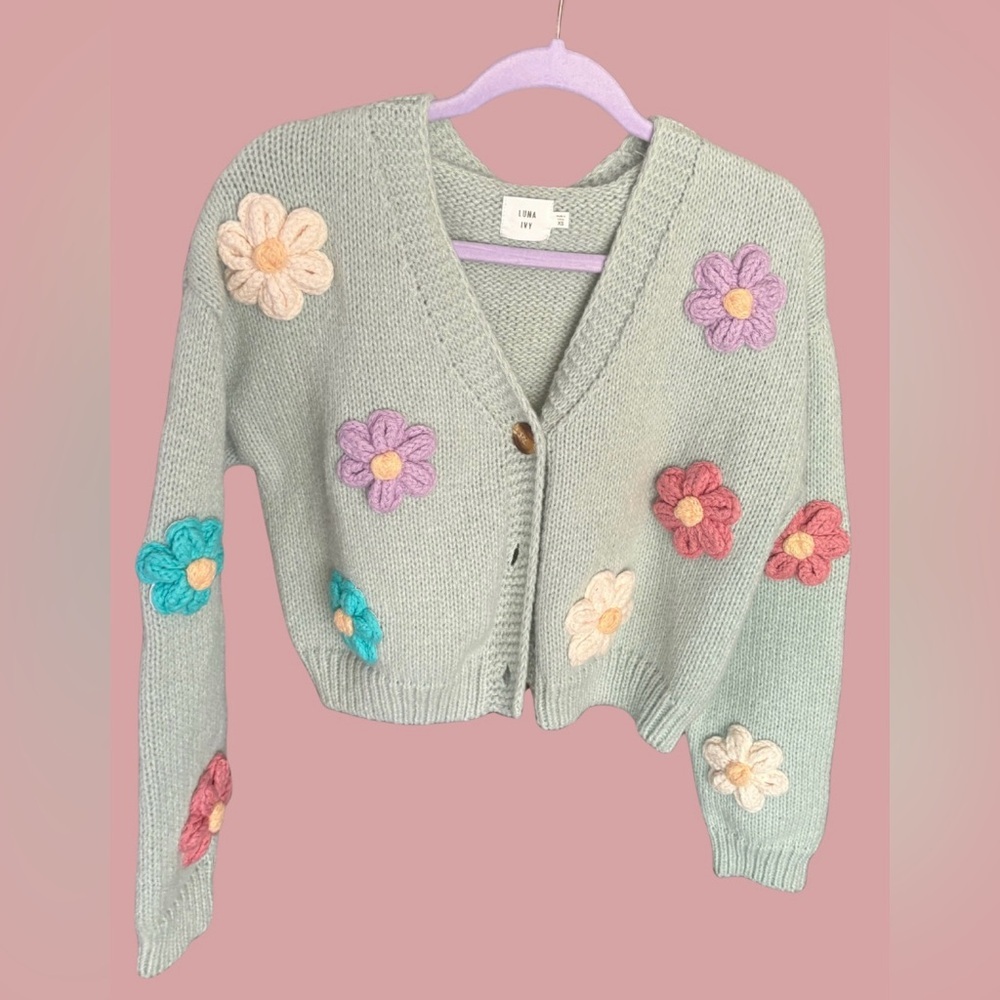 Cider Pastel Floral Cardigan - Mint with Multicolor Flowers